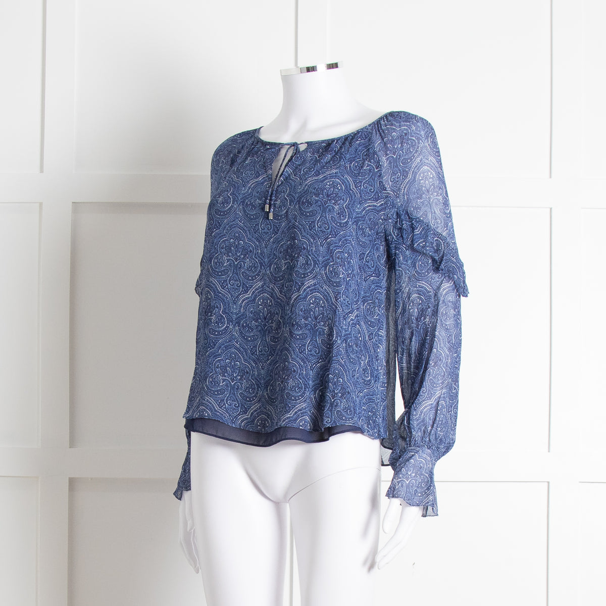 Joie Blue & White Patterned Blouse With Frill Sleeves