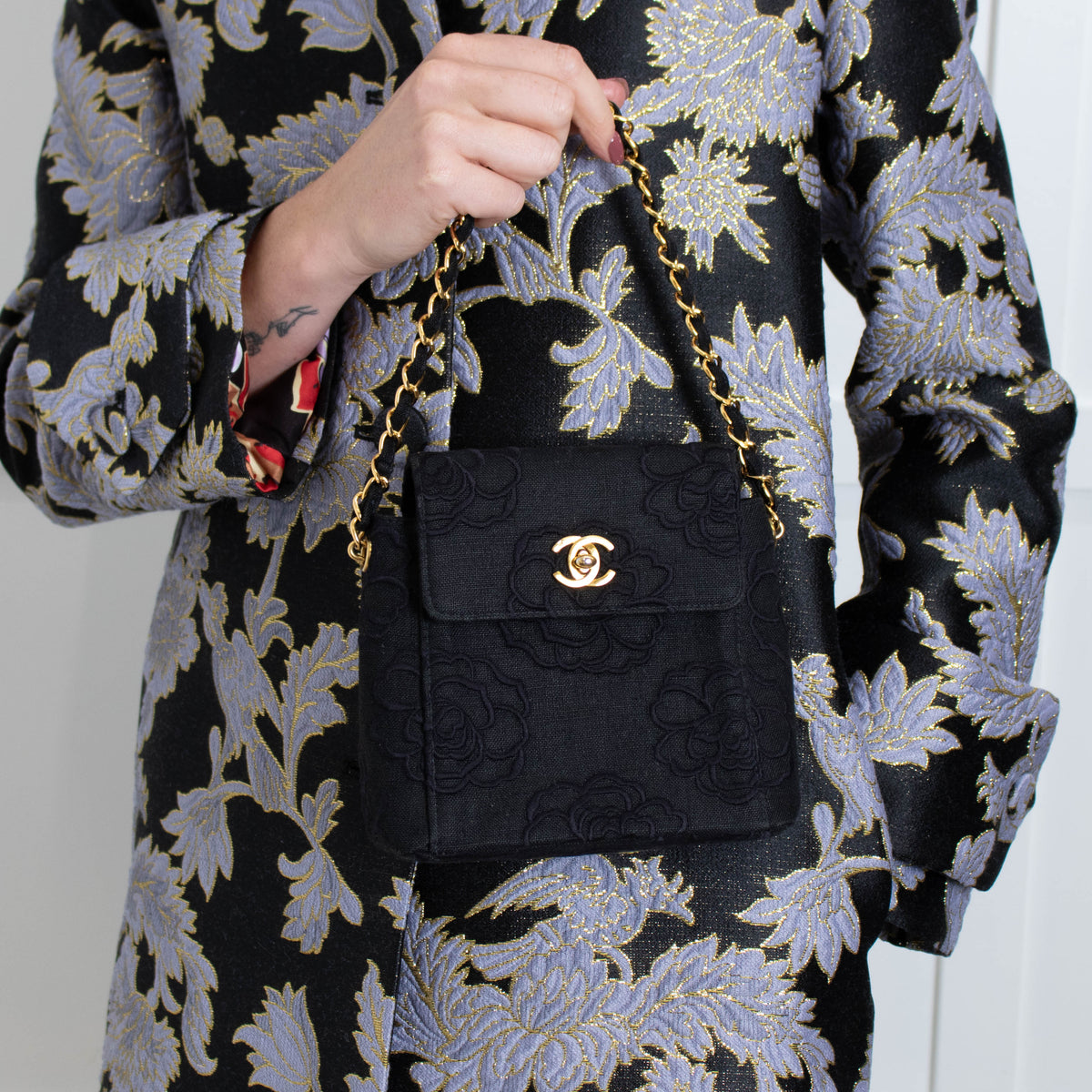 Chanel Black Canvas Camellia Bucket Bag