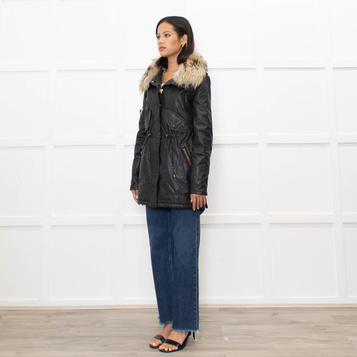 Sam Black Shiny Fabric Gold Zip Fur Collar Parka