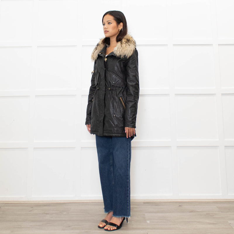 Sam Black Shiny Fabric Gold Zip Fur Collar Parka