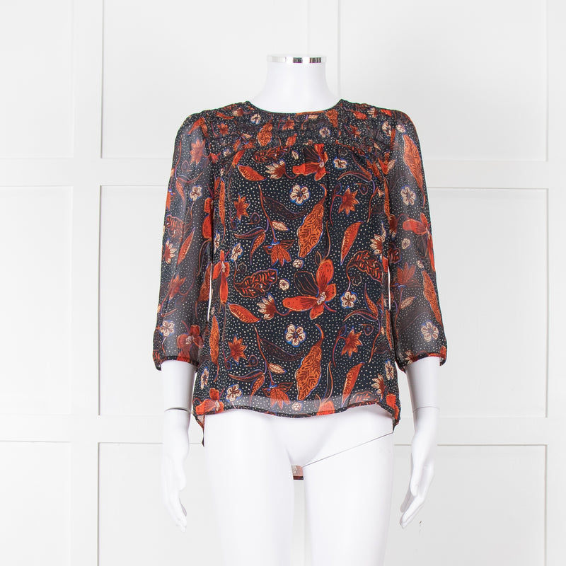 Pyrus Black, Orange, Blue Silk Floral L/S Blouse
