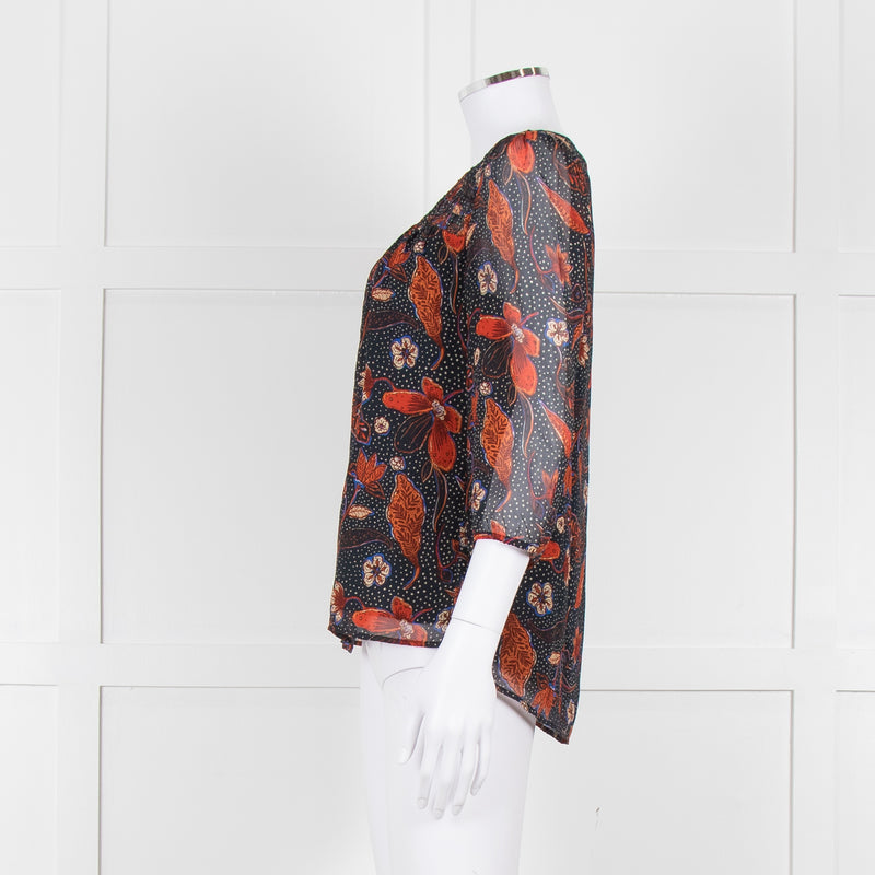 Pyrus Black, Orange, Blue Silk Floral L/S Blouse