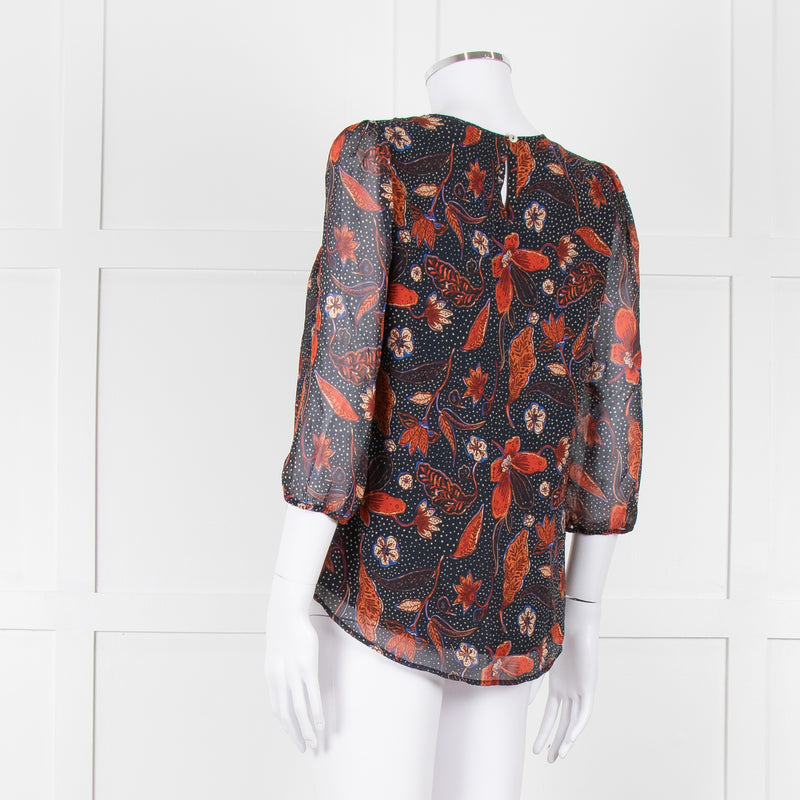 Pyrus Black, Orange, Blue Silk Floral L/S Blouse
