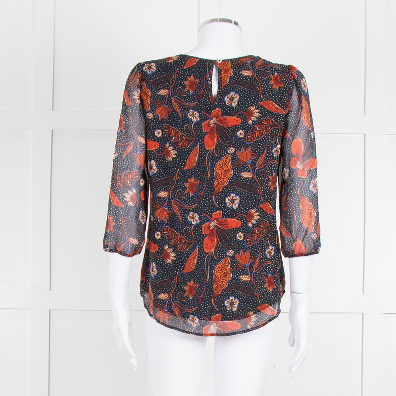 Pyrus Black, Orange, Blue Silk Floral L/S Blouse