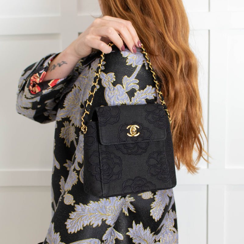 Chanel Black Canvas Camellia Bucket Bag