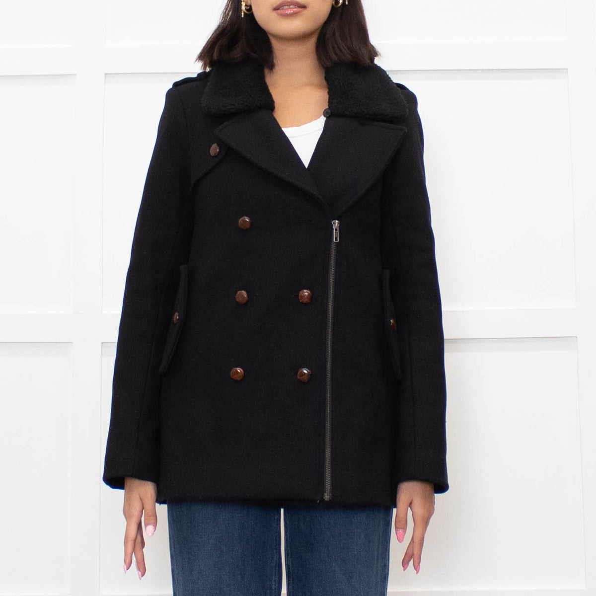 Sandro Black Wool Blend Brown Button Zip Front Coat