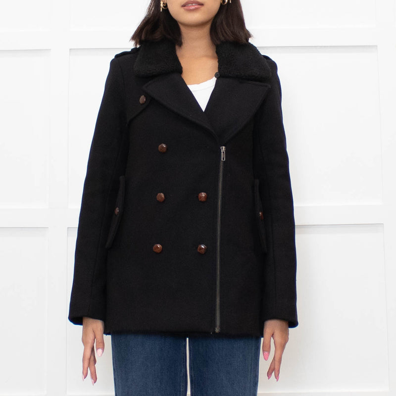 Sandro Black Wool Blend Brown Button Zip Front Coat