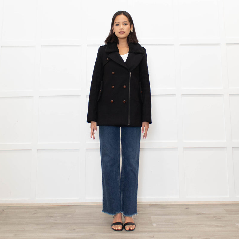 Sandro Black Wool Blend Brown Button Zip Front Coat