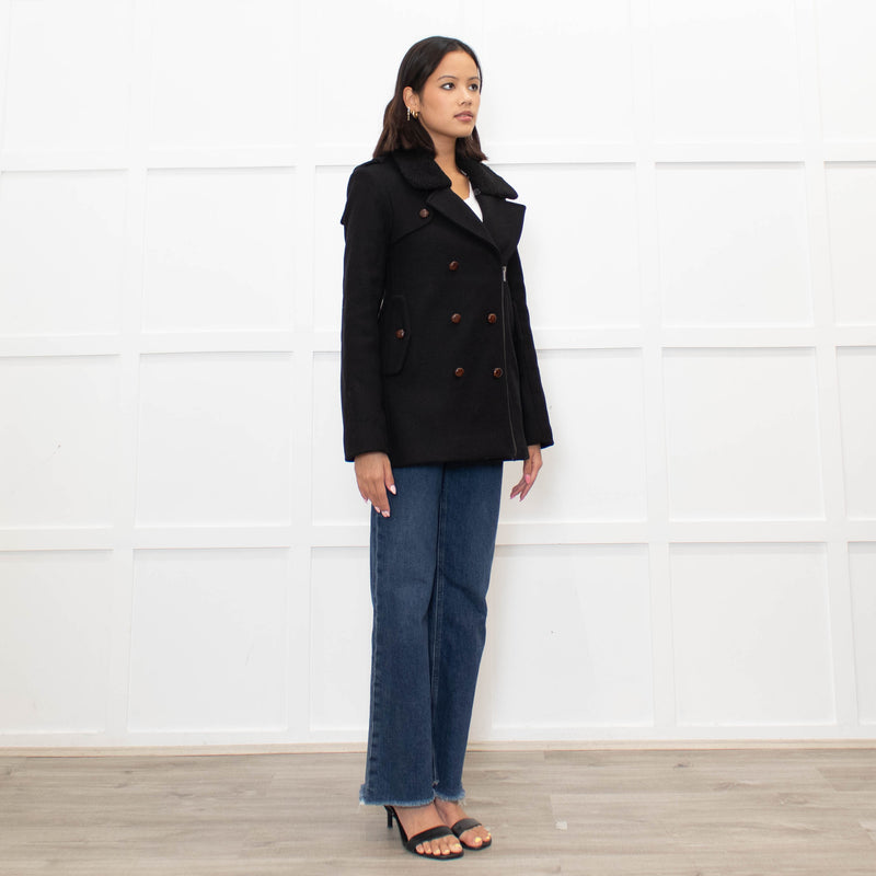 Sandro Black Wool Blend Brown Button Zip Front Coat
