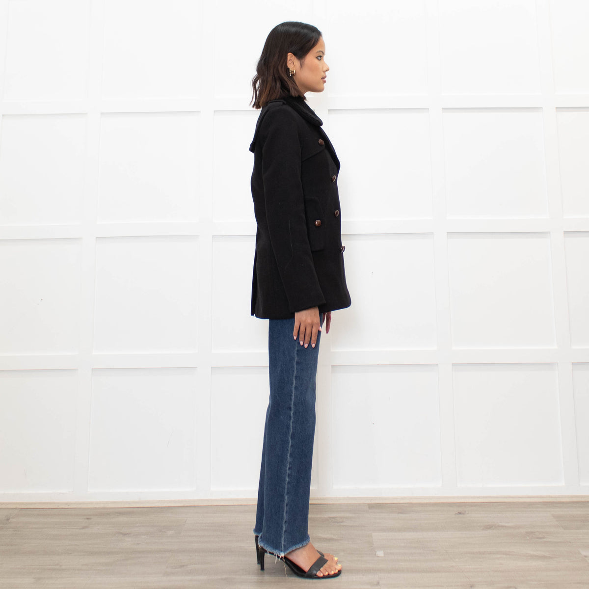 Sandro Black Wool Blend Brown Button Zip Front Coat