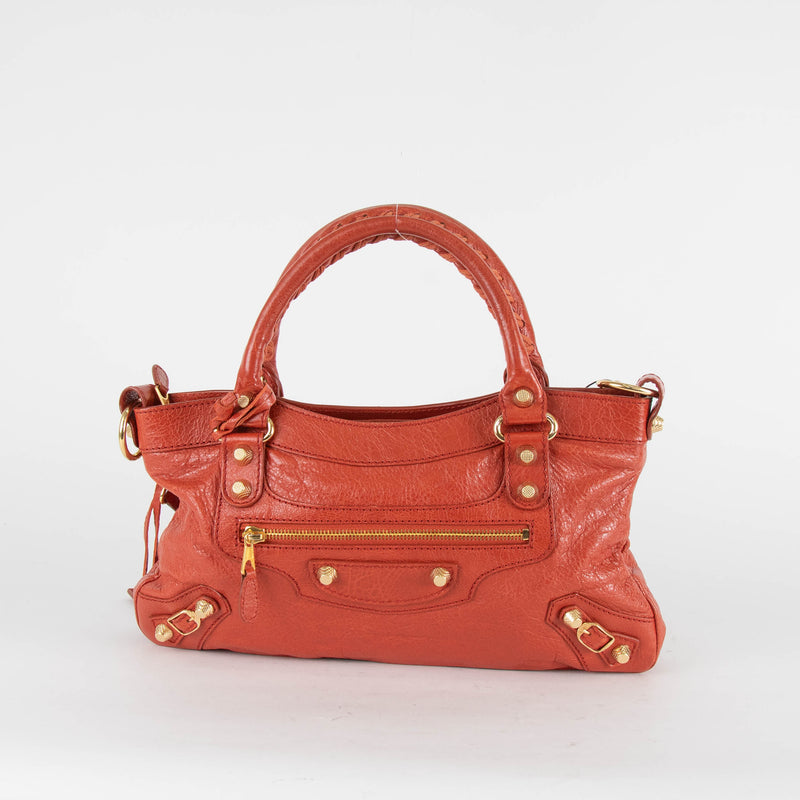 Balenciaga The First 2Way City Bag in Orange Crinkle Leather with Gold Hardware