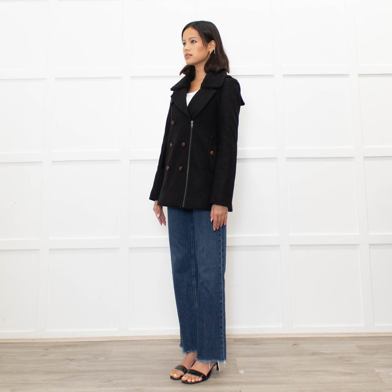 Sandro Black Wool Blend Brown Button Zip Front Coat