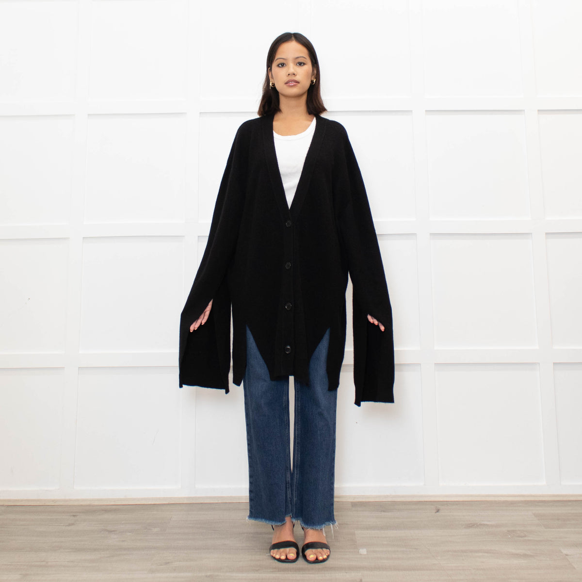 Raey Black Cashmere Oversized Cut Out Detail Cardigan
