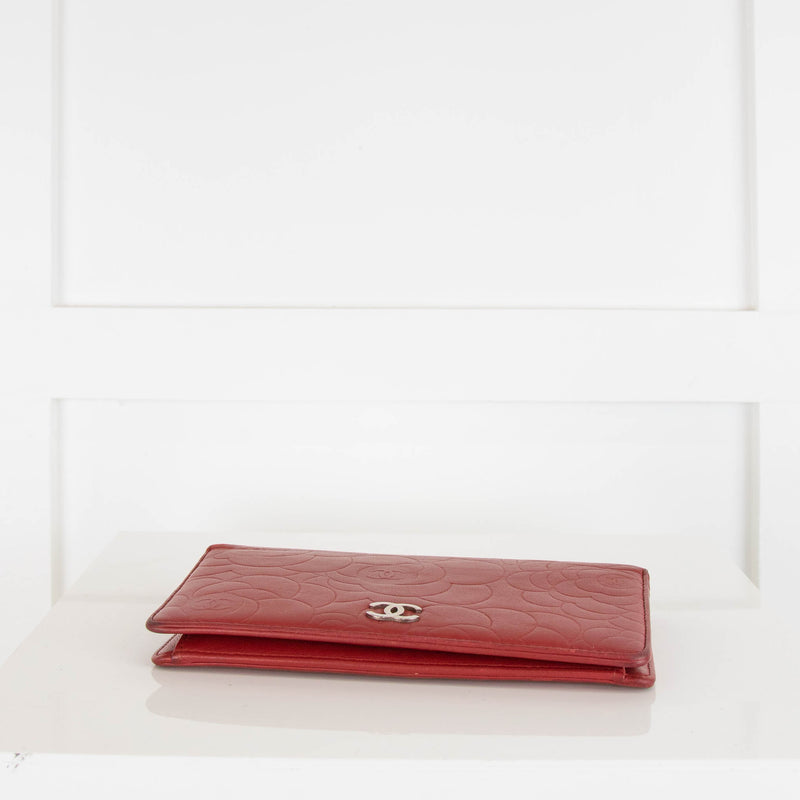 Chanel Red Classic Flap CC Camelia Embossed Leather Wallet