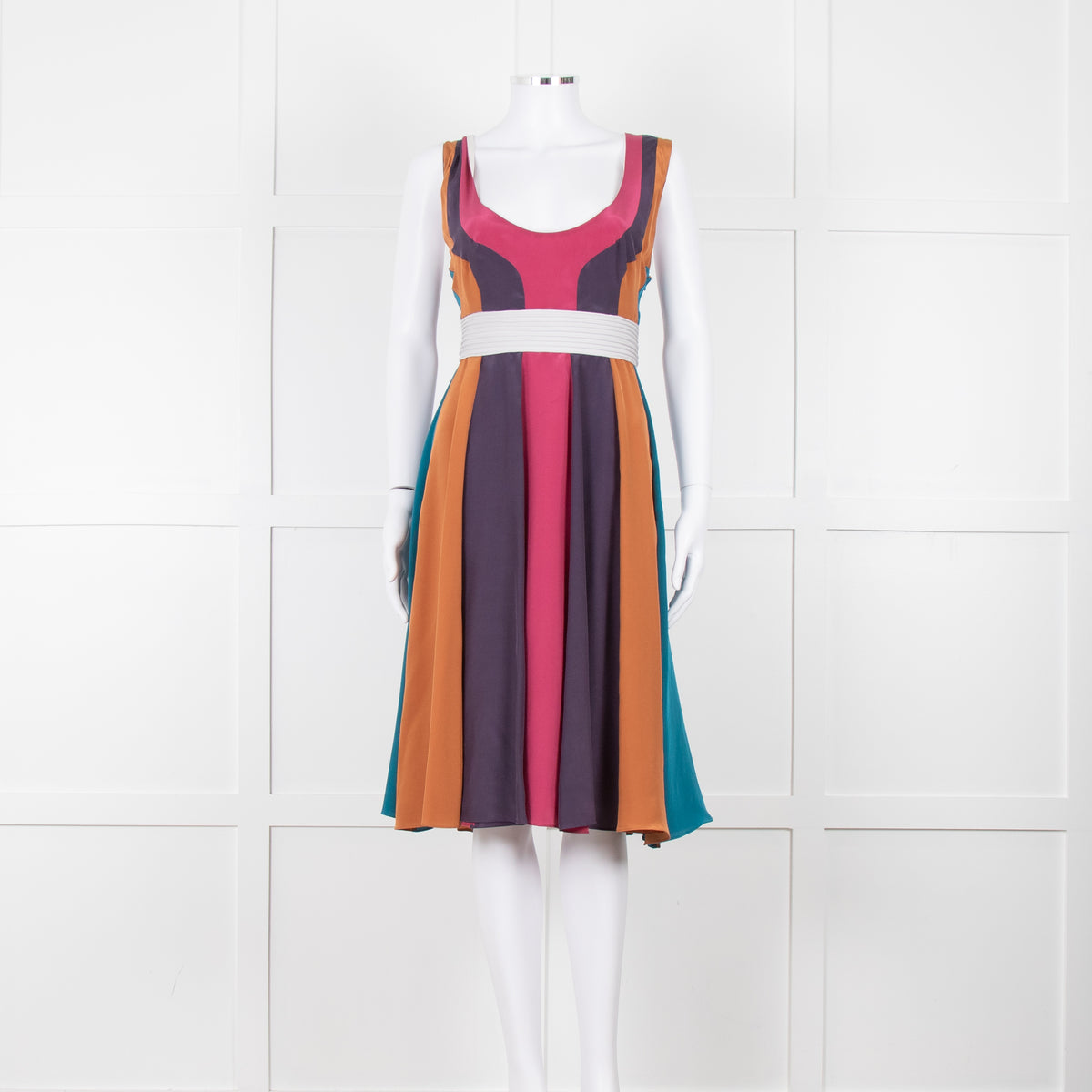 Emilio De La Morena Vertical Purple Line Stripe Dress With Grey Waistband