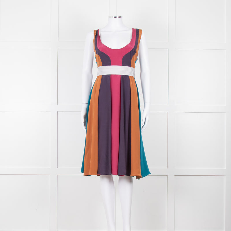 Emilio De La Morena Vertical Purple Line Stripe Dress With Grey Waistband