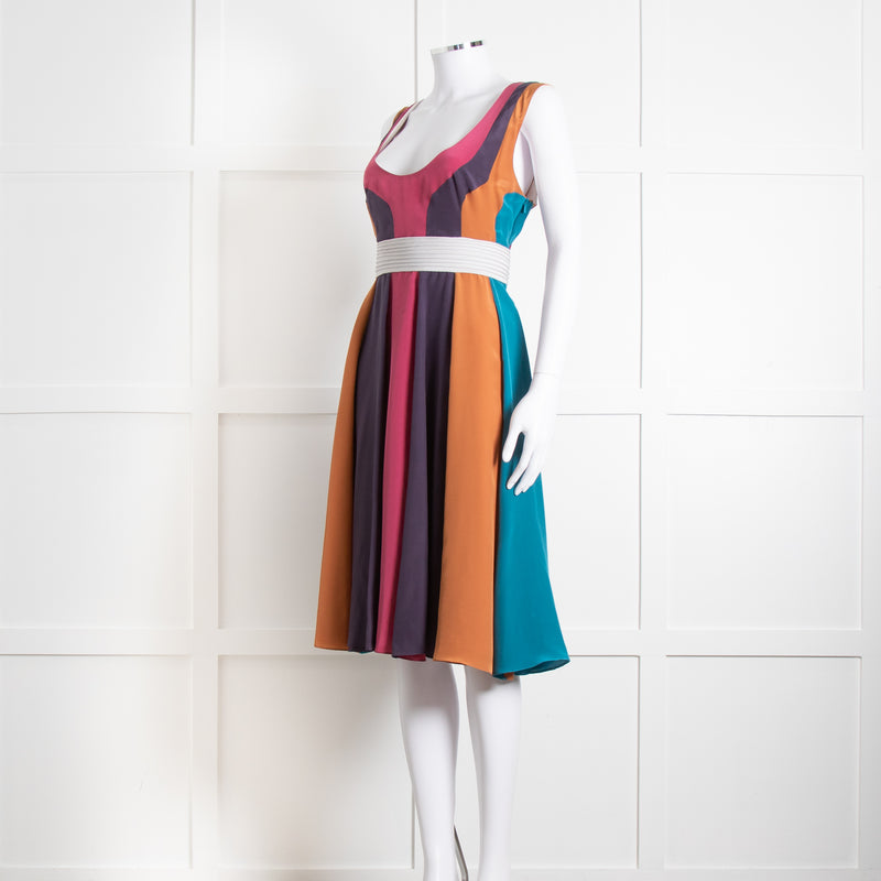 Emilio De La Morena Vertical Purple Line Stripe Dress With Grey Waistband