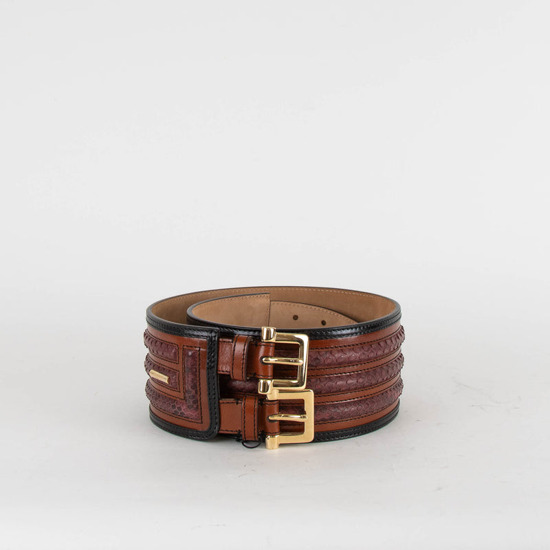 Burberry Brown Snake Skin Detail Black Trim Wide Double Buckle Belt