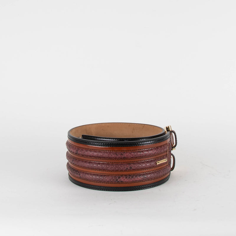 Burberry Brown Snake Skin Detail Black Trim Wide Double Buckle Belt