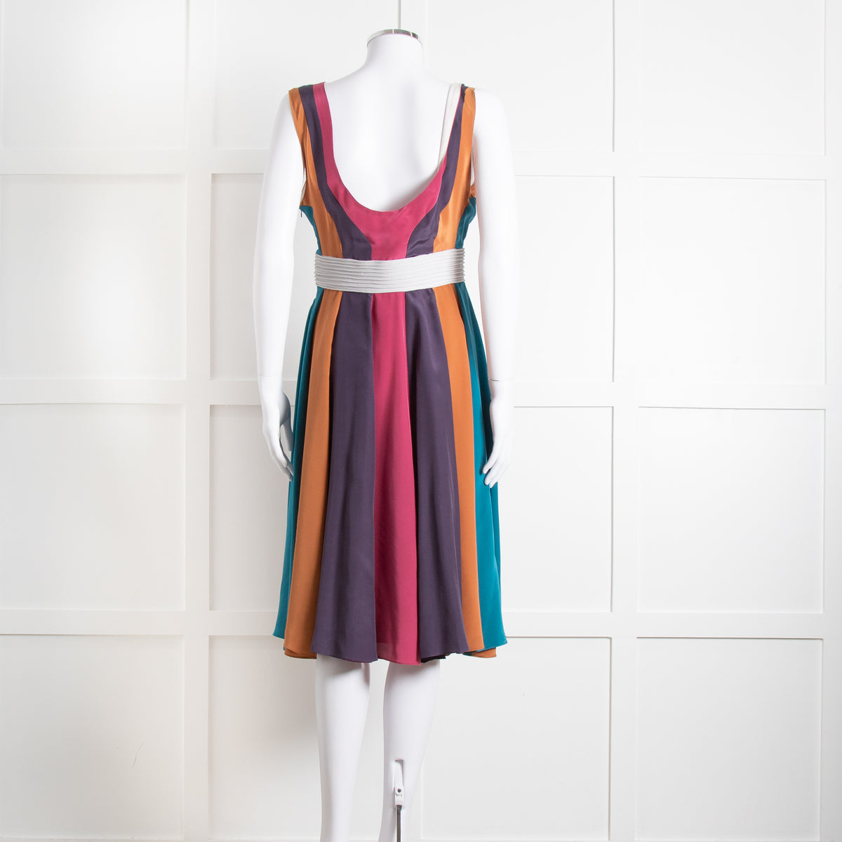 Emilio De La Morena Vertical Purple Line Stripe Dress With Grey Waistband