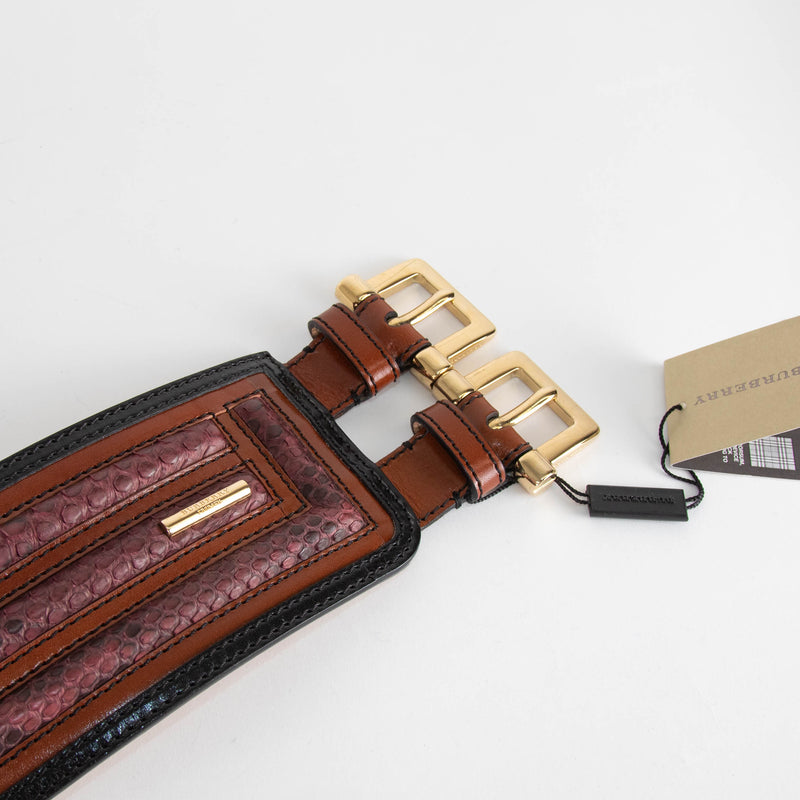 Burberry Brown Snake Skin Detail Black Trim Wide Double Buckle Belt
