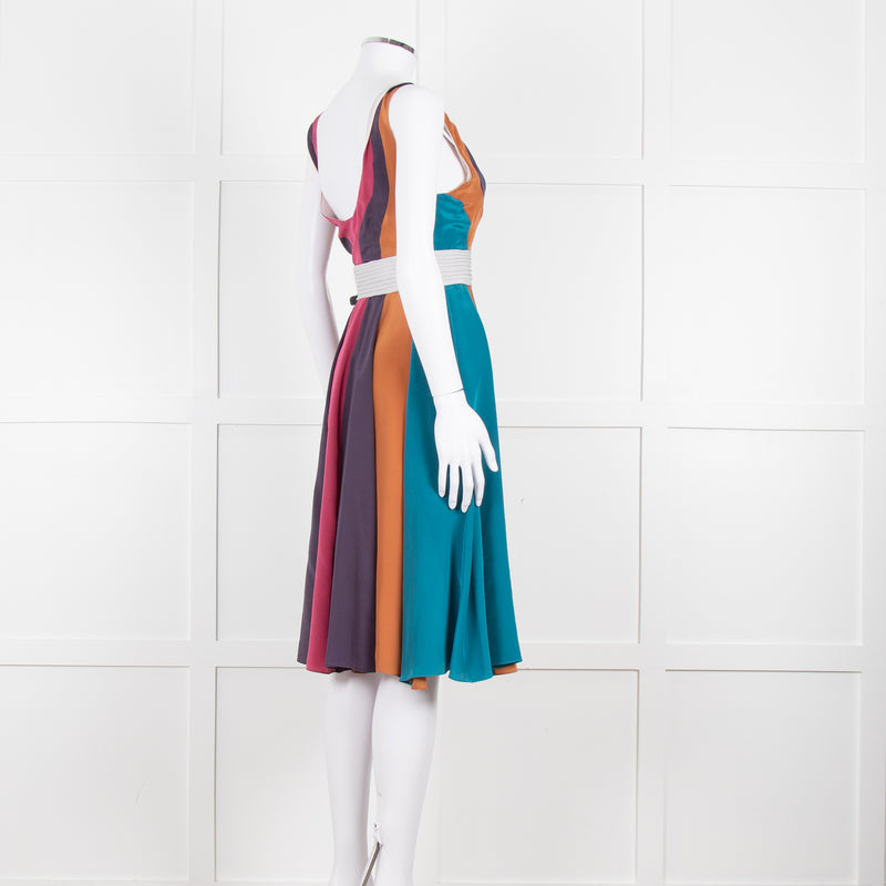 Emilio De La Morena Vertical Purple Line Stripe Dress With Grey Waistband