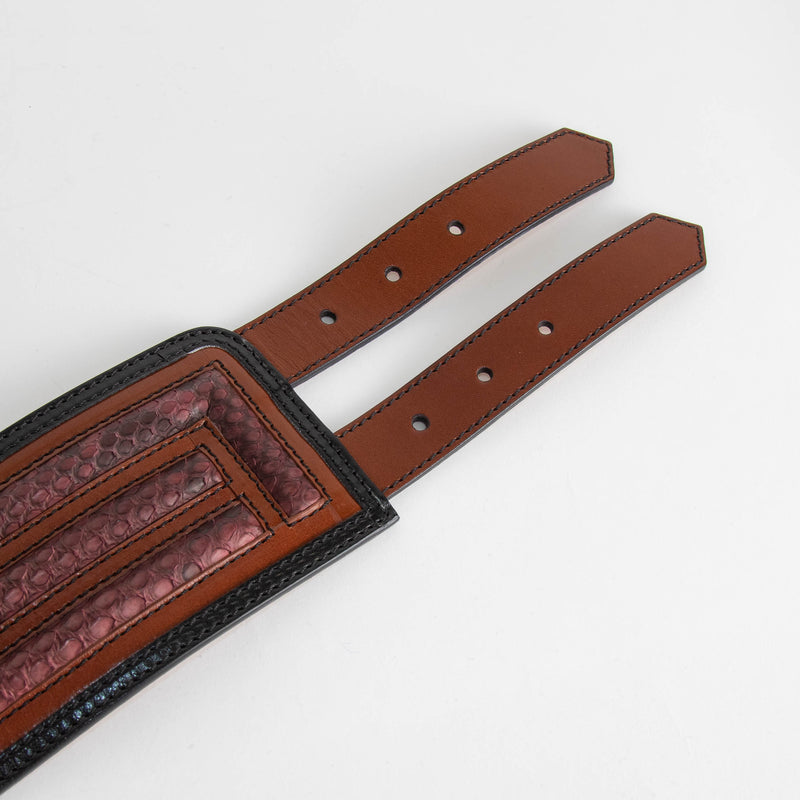 Burberry Brown Snake Skin Detail Black Trim Wide Double Buckle Belt