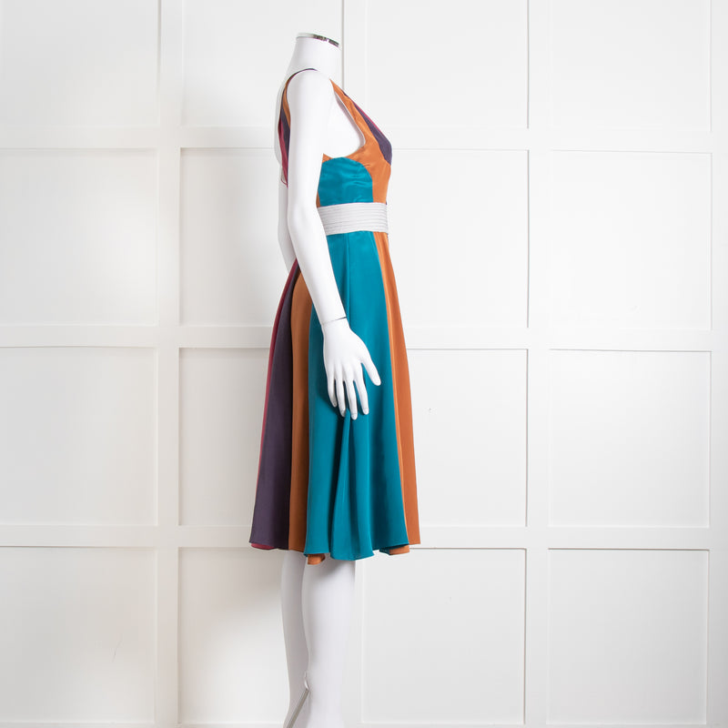Emilio De La Morena Vertical Purple Line Stripe Dress With Grey Waistband