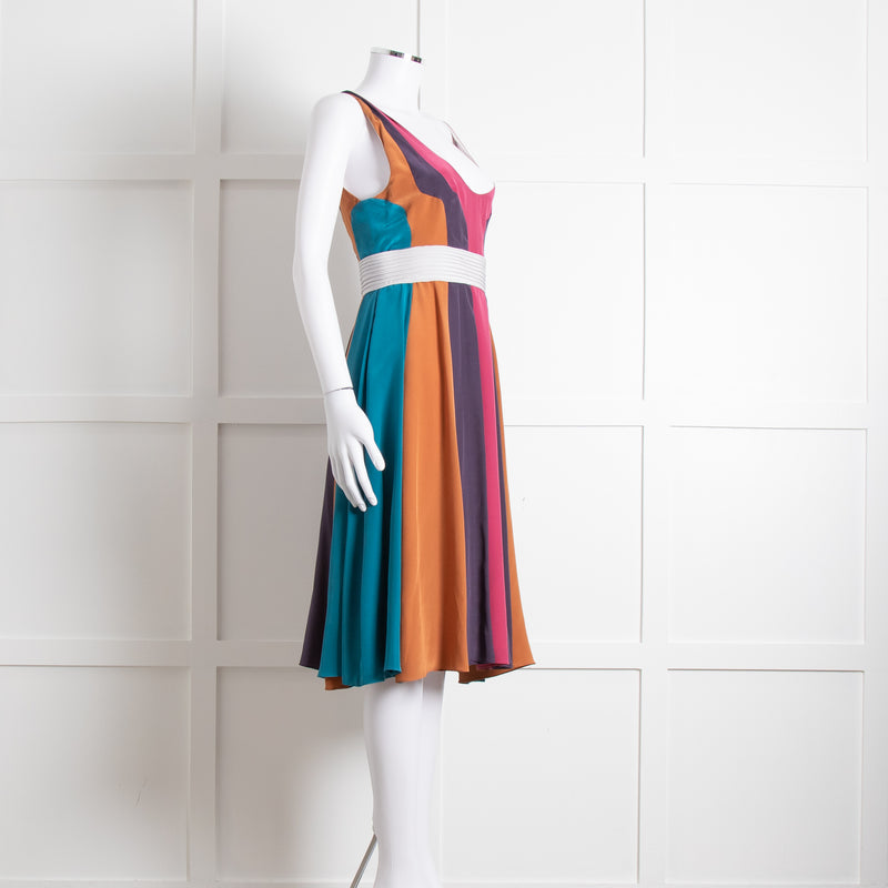 Emilio De La Morena Vertical Purple Line Stripe Dress With Grey Waistband