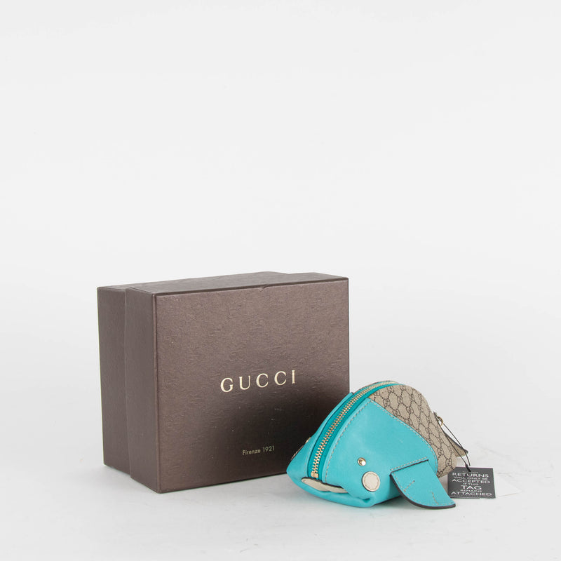 Gucci Beige Blue Leather Trim GG Zoo Whale Coin Purse