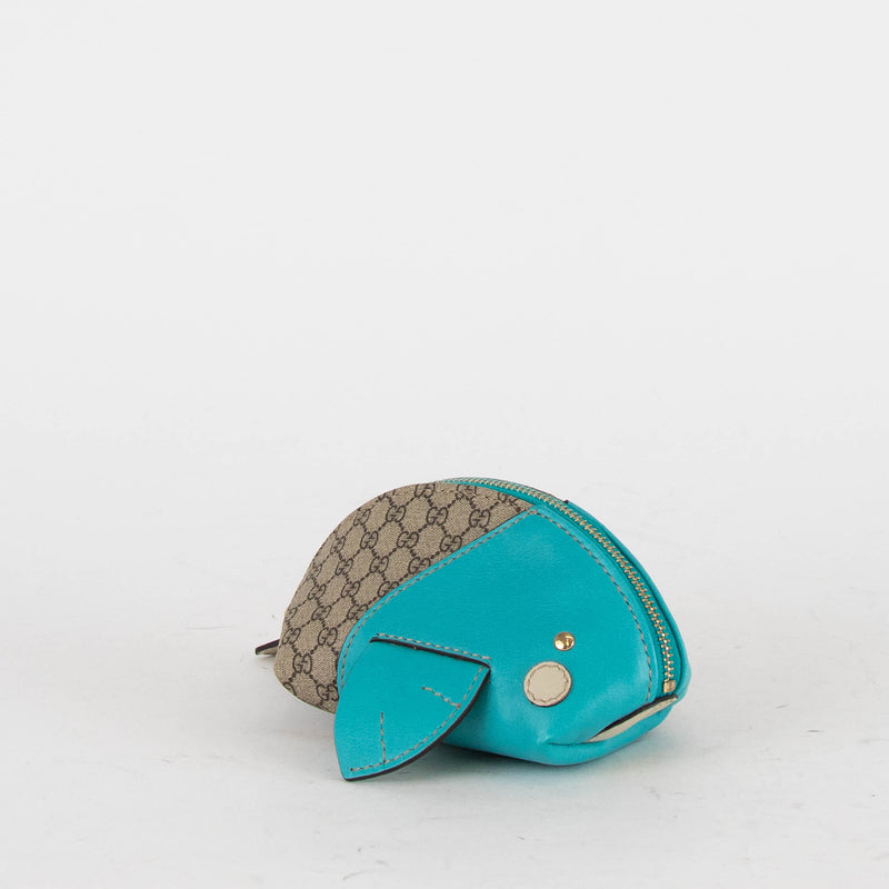 Gucci Beige Blue Leather Trim GG Zoo Whale Coin Purse