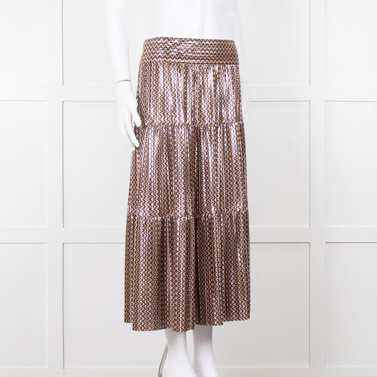 Ba&sh Metallic Gold and Purple Tiered Midi Skirt