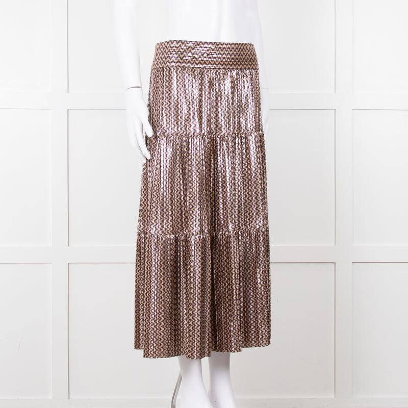 Ba&sh Metallic Gold and Purple Tiered Midi Skirt