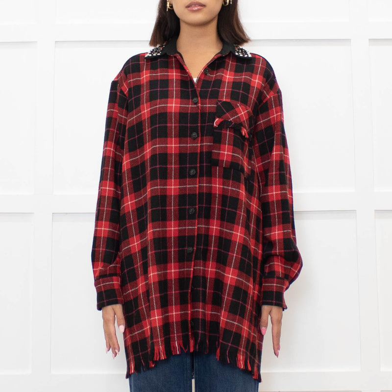 Pinko Red Black Tartan Beaded Collar Shirt