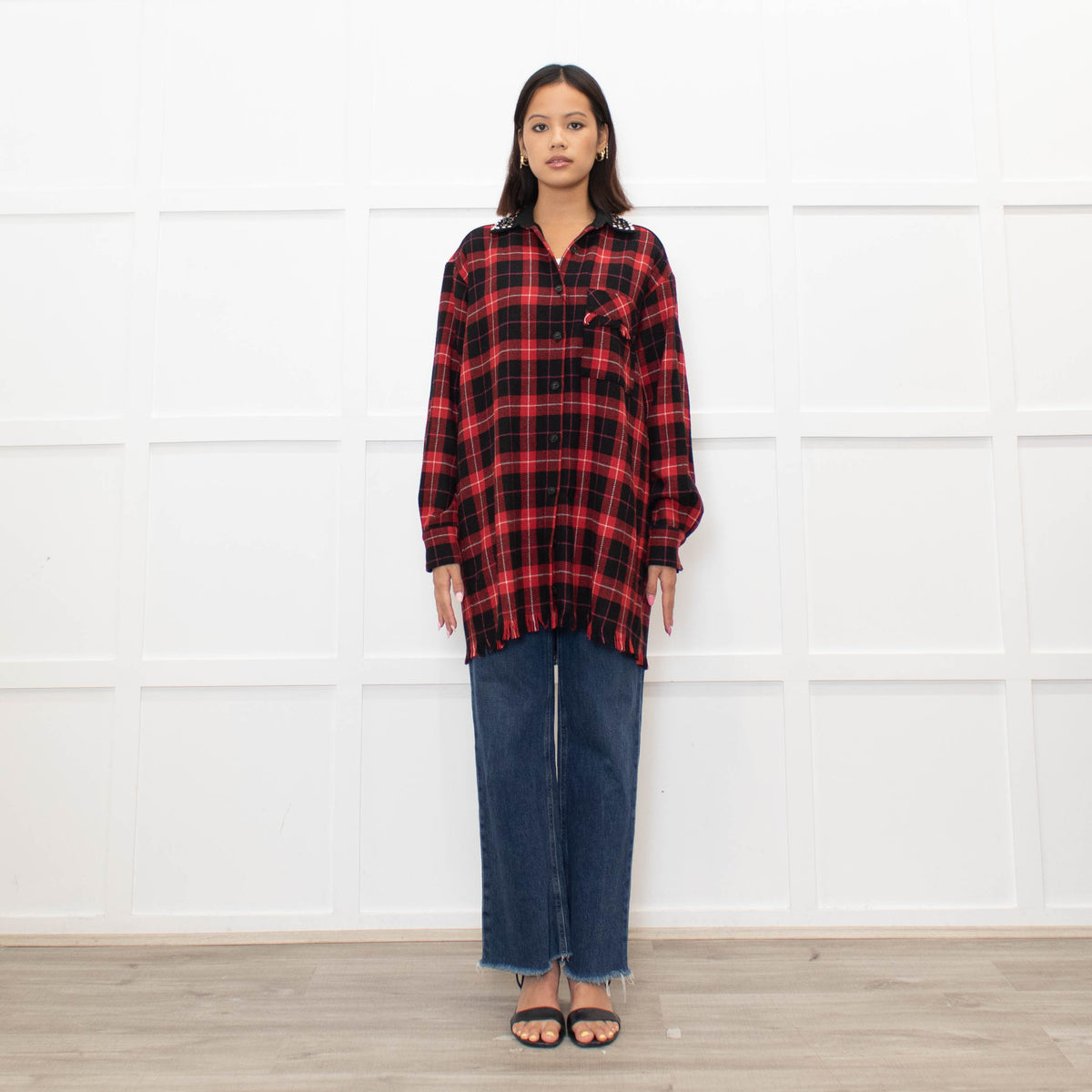 Pinko Red Black Tartan Beaded Collar Shirt