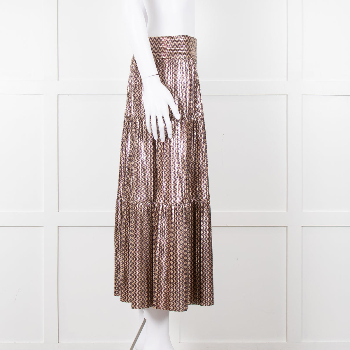 Ba&sh Metallic Gold and Purple Tiered Midi Skirt