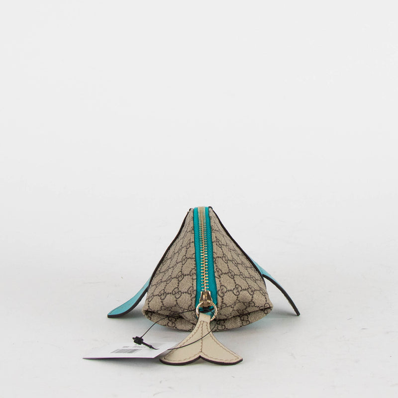 Gucci Beige Blue Leather Trim GG Zoo Whale Coin Purse