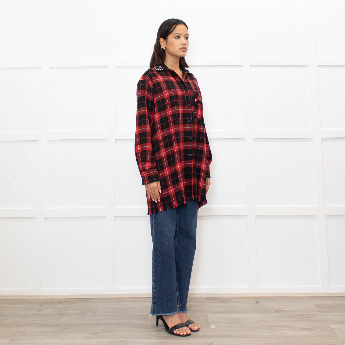 Pinko Red Black Tartan Beaded Collar Shirt