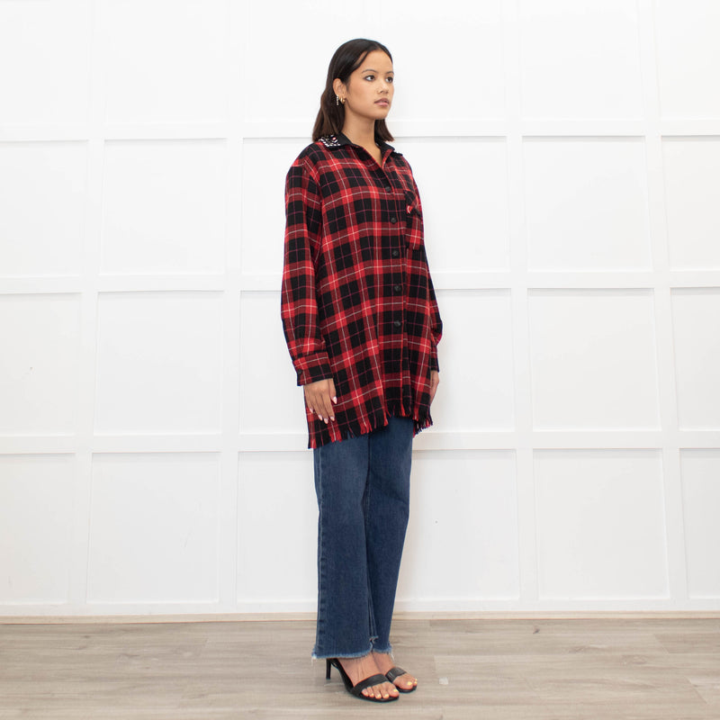 Pinko Red Black Tartan Beaded Collar Shirt