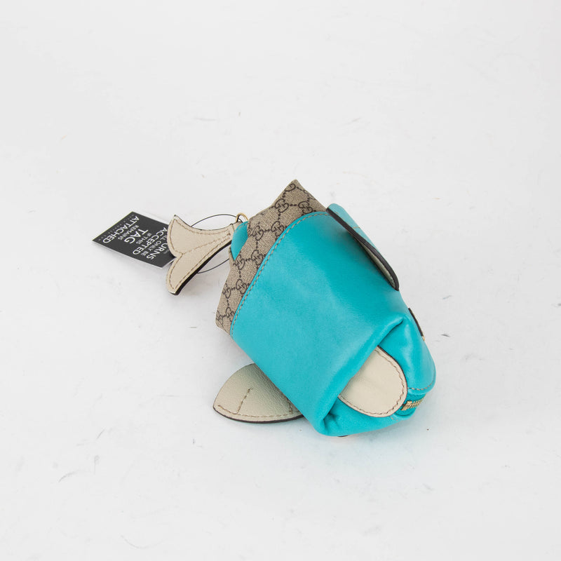 Gucci Beige Blue Leather Trim GG Zoo Whale Coin Purse