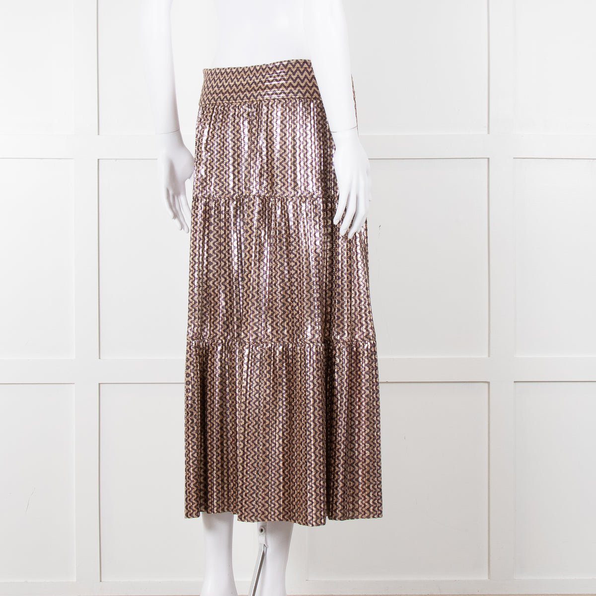 Ba&sh Metallic Gold and Purple Tiered Midi Skirt