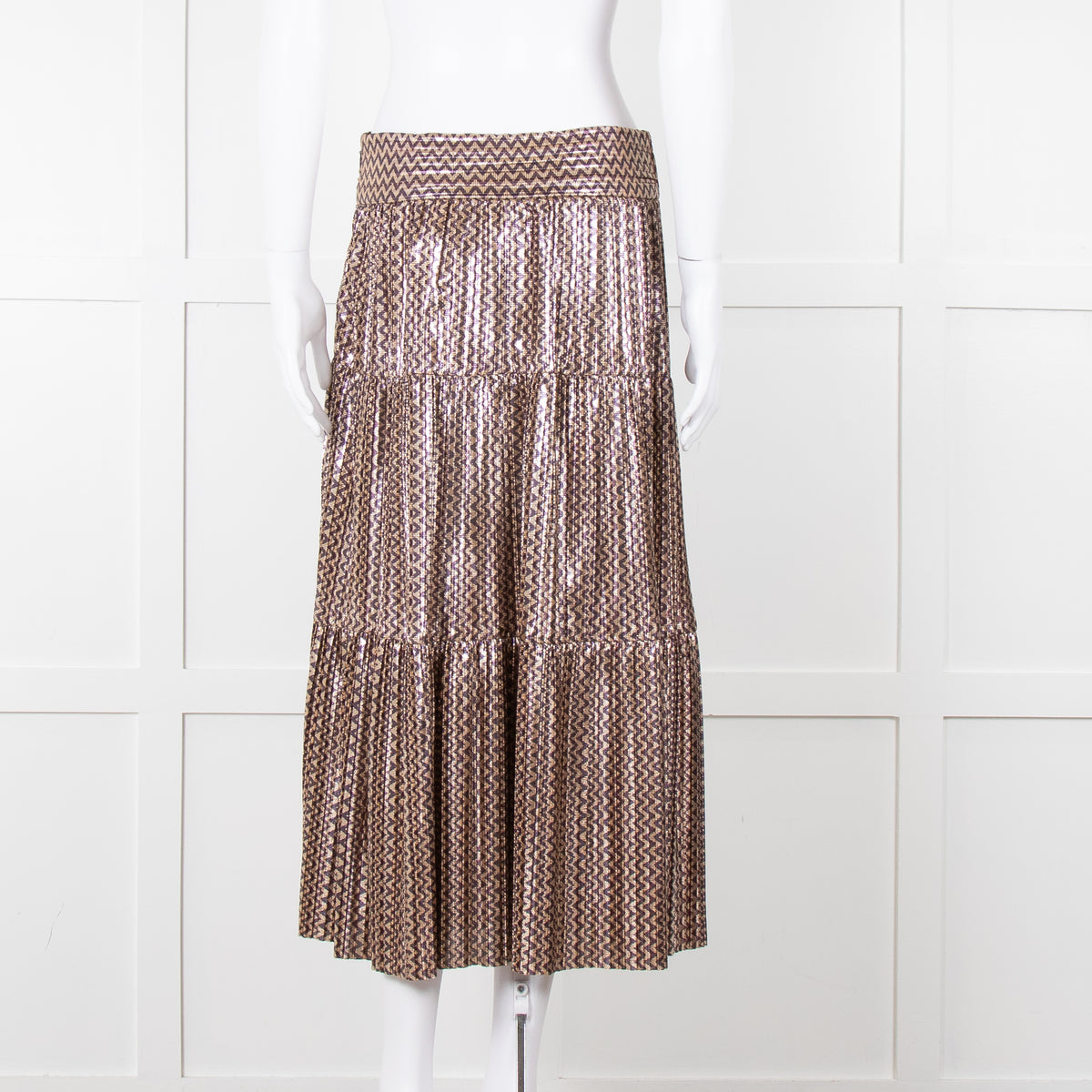 Ba&sh Metallic Gold and Purple Tiered Midi Skirt