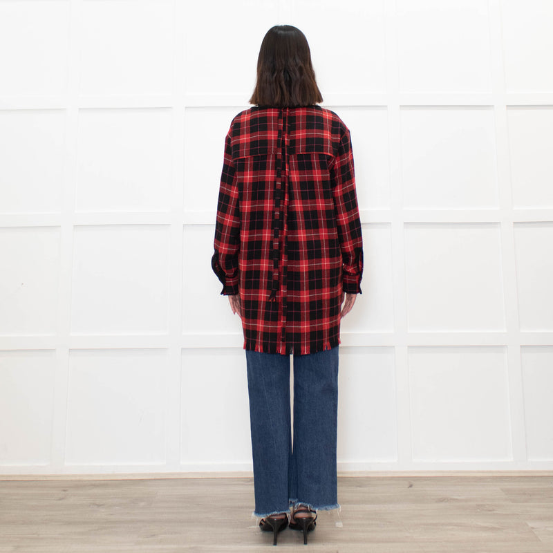 Pinko Red Black Tartan Beaded Collar Shirt