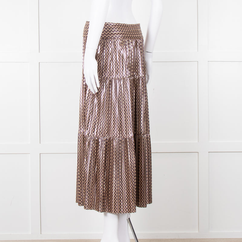 Ba&sh Metallic Gold and Purple Tiered Midi Skirt
