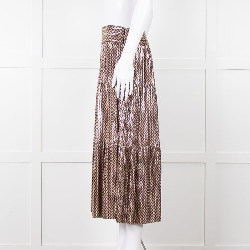 Ba&sh Metallic Gold and Purple Tiered Midi Skirt