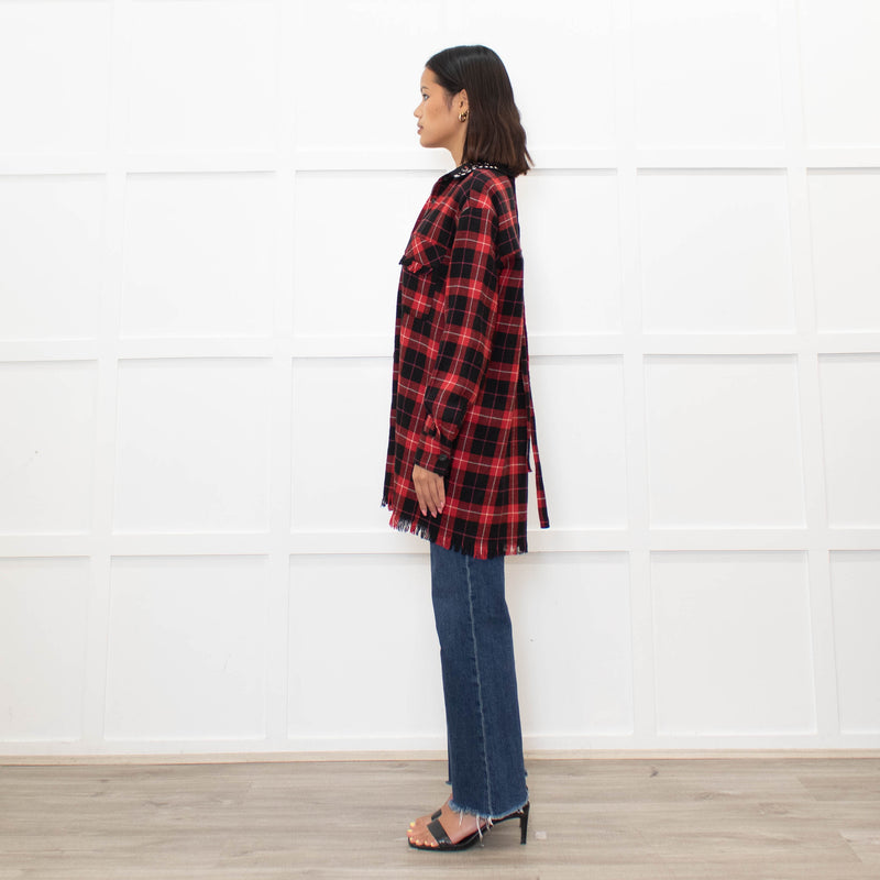 Pinko Red Black Tartan Beaded Collar Shirt