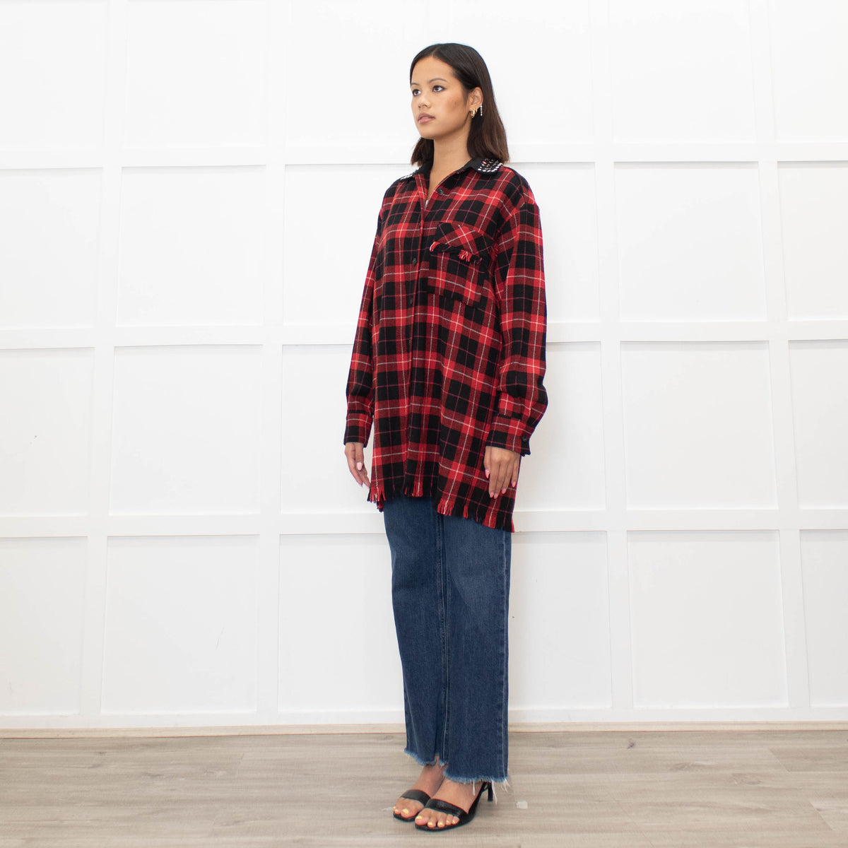 Pinko Red Black Tartan Beaded Collar Shirt