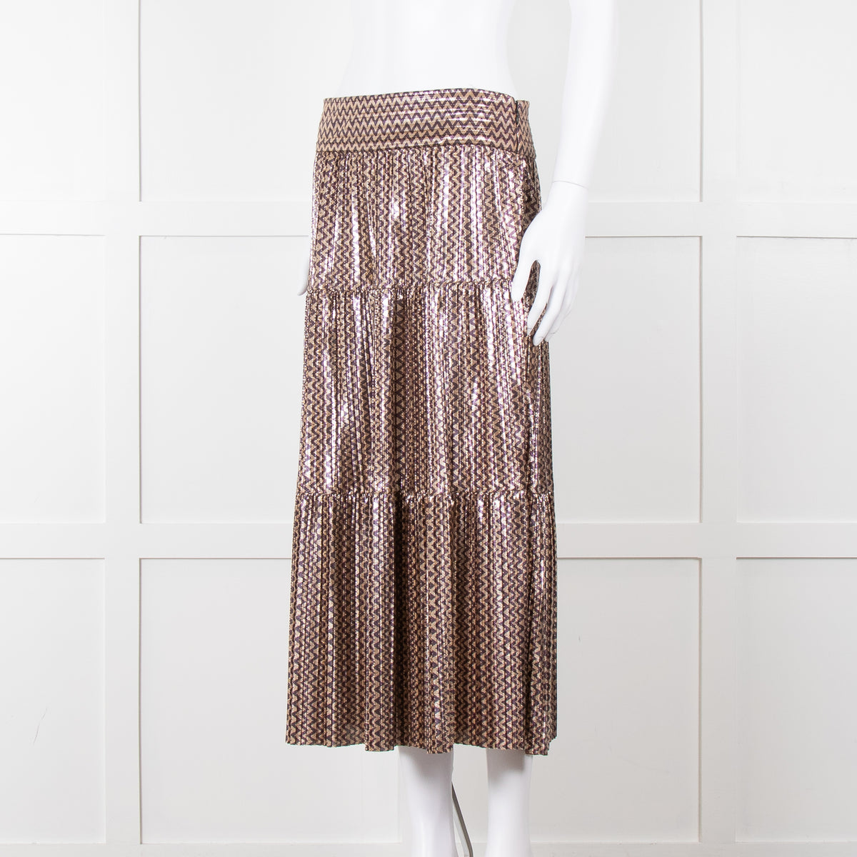 Ba&sh Metallic Gold and Purple Tiered Midi Skirt