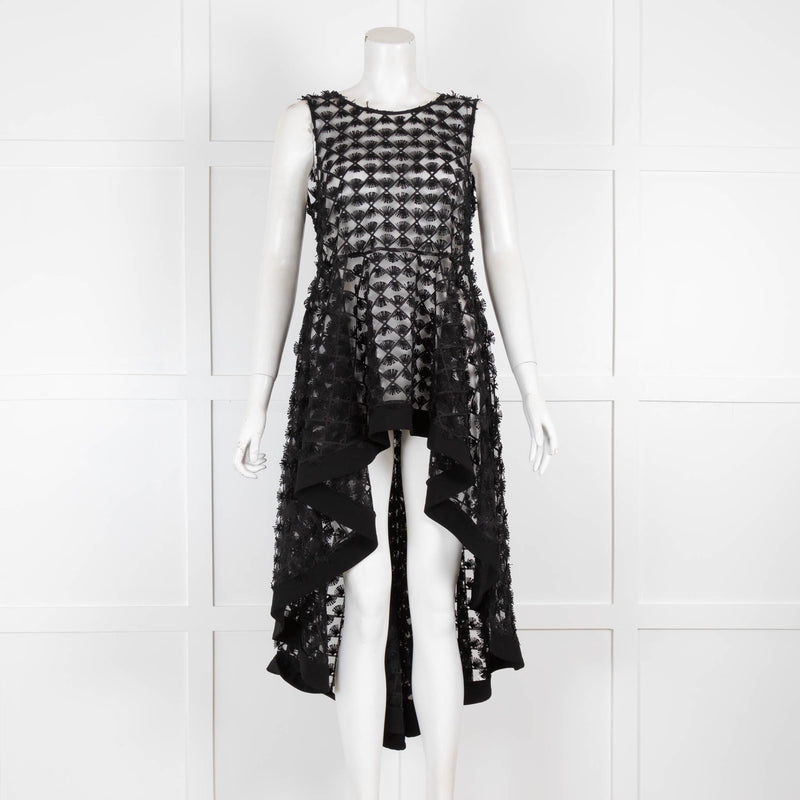 D Exterior Black Sheer Embroidered Top with Long Back Hem