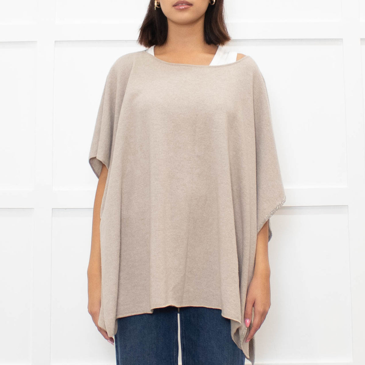 Fabiana Filippi Neutral Beige Silver Bead Trim Knitted Poncho